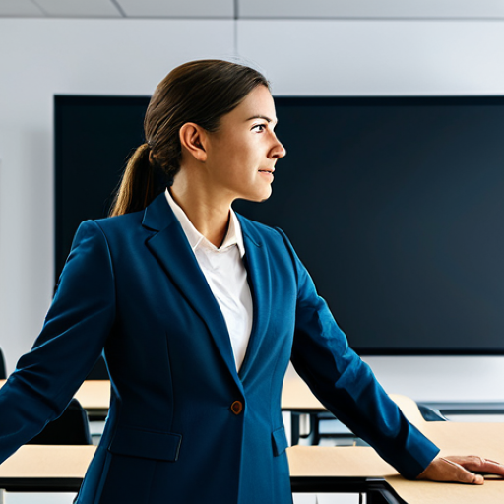 A professional female teacher, fully clothed in a modest business suit, stands confidently at a modern, ergonomic desk in a brightly lit, contemporary classroom. She is actively interacting with an advanced digital learning platform displayed on a large, interactive screen, which shows engaging educational content. The scene emphasizes pedagogical innovation and efficient course preparation. safe for work, appropriate content, fully clothed, professional, perfect anatomy, correct proportions, natural pose, well-formed hands, proper finger count, natural body proportions, high quality, professional photography.