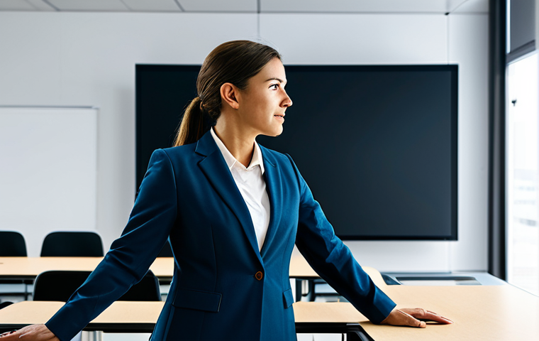 A professional female teacher, fully clothed in a modest business suit, stands confidently at a modern, ergonomic desk in a brightly lit, contemporary classroom. She is actively interacting with an advanced digital learning platform displayed on a large, interactive screen, which shows engaging educational content. The scene emphasizes pedagogical innovation and efficient course preparation. safe for work, appropriate content, fully clothed, professional, perfect anatomy, correct proportions, natural pose, well-formed hands, proper finger count, natural body proportions, high quality, professional photography.
