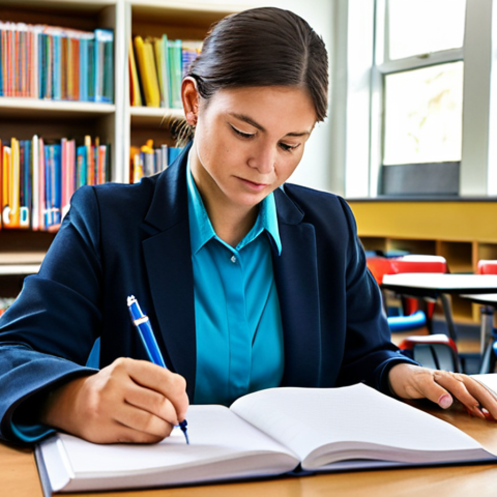 Classroom Observation & Reflection**
"A teacher, fully clothed in professional attire, thoughtfully reviewing notes in a bright, modern classroom after school hours. Bookshelves and student artwork in the background. Natural lighting, safe for work, appropriate content, family-friendly, perfect anatomy, natural proportions, high resolution, professional quality."
**