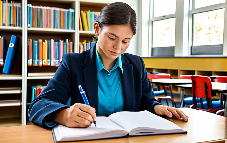 Classroom Observation & Reflection**
"A teacher, fully clothed in professional attire, thoughtfully reviewing notes in a bright, modern classroom after school hours. Bookshelves and student artwork in the background. Natural lighting, safe for work, appropriate content, family-friendly, perfect anatomy, natural proportions, high resolution, professional quality."
**