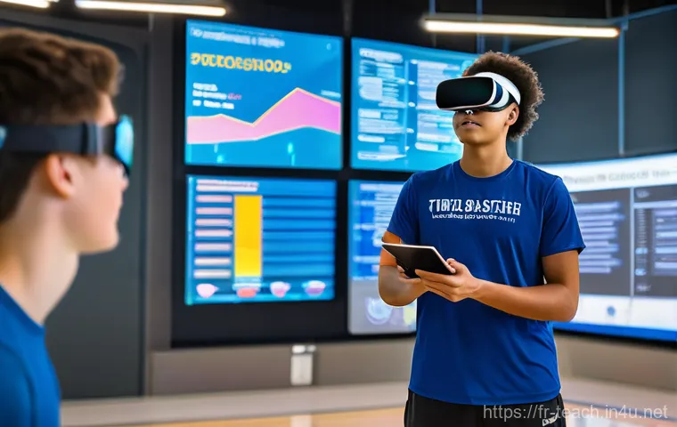 교사 체육 수업 진행법 - **Prompt 1: Technology-Enhanced Physical Education**
An energetic, brightly lit, and modern scho...