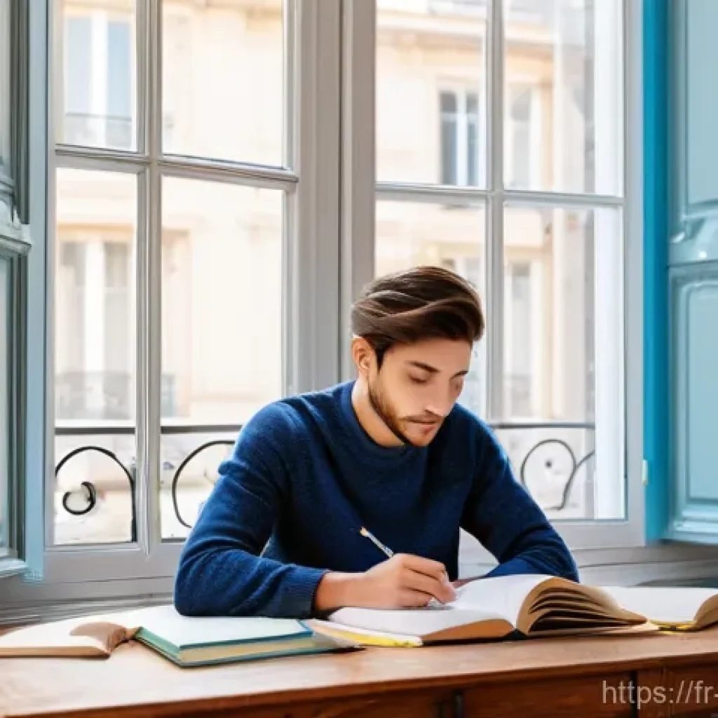교사 시험 대비 방법 공유 - **Subject:** A diligent French student, in their early 20s, deeply engrossed in studying for a deman...