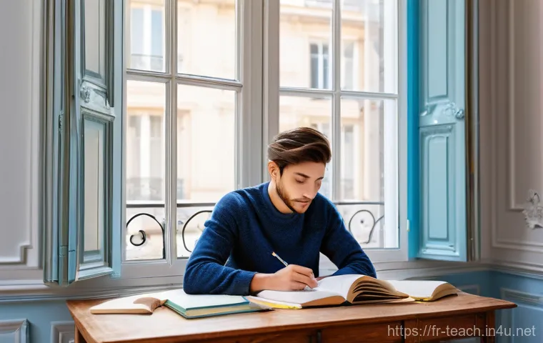 교사 시험 대비 방법 공유 - **Subject:** A diligent French student, in their early 20s, deeply engrossed in studying for a deman...
