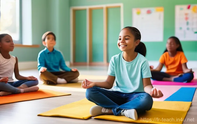 교사 학생 정서 지원 방법 - **A serene and inclusive elementary school classroom where students are engaged in a guided mindfuln...