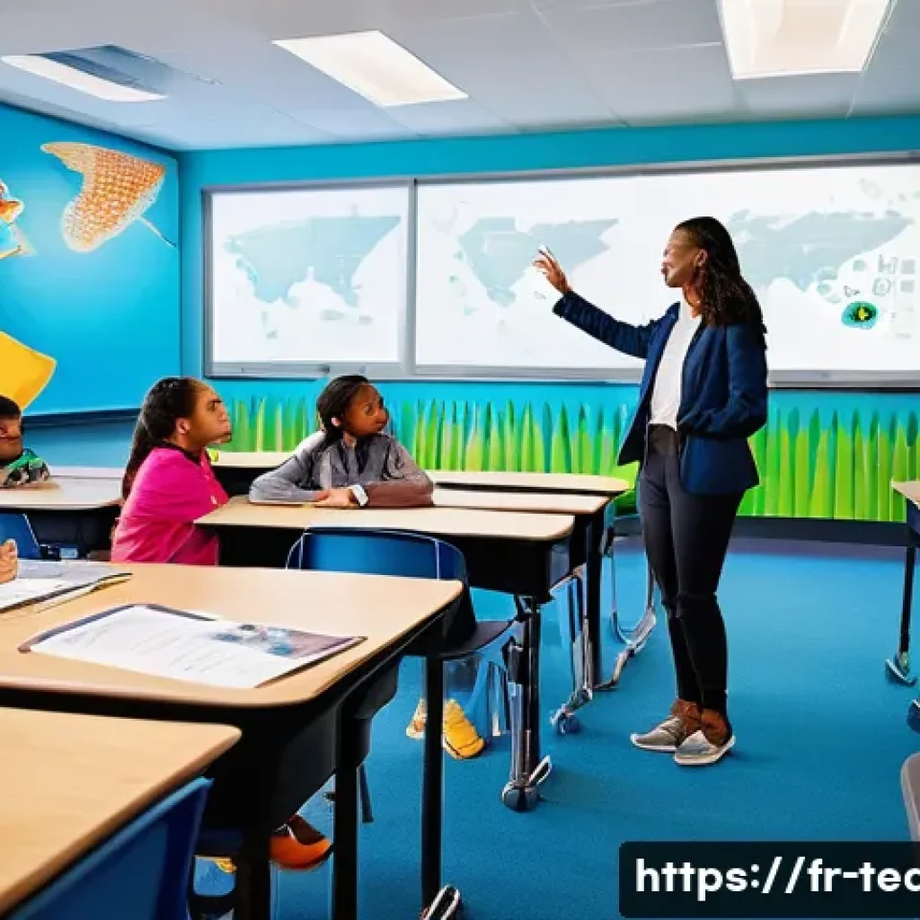 교사 교육학 심화 학습 - **Prompt:** A vibrant and futuristic classroom scene, filled with natural light from large windows. ...