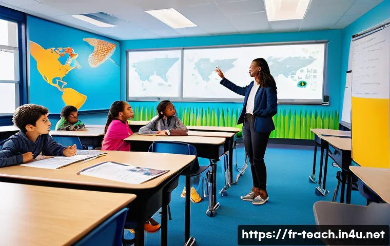 교사 교육학 심화 학습 - **Prompt:** A vibrant and futuristic classroom scene, filled with natural light from large windows. ...