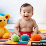 교사 조직 내 갈등 해결 사례 - **Prompt:** A toddler, wearing a cloth diaper, sits on a colorful playmat surrounded by soft toys. T...