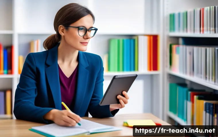 교사 교육 장학금 정보 - A professional French teacher in a bright, modern classroom setting, wearing smart casual clothing a...
