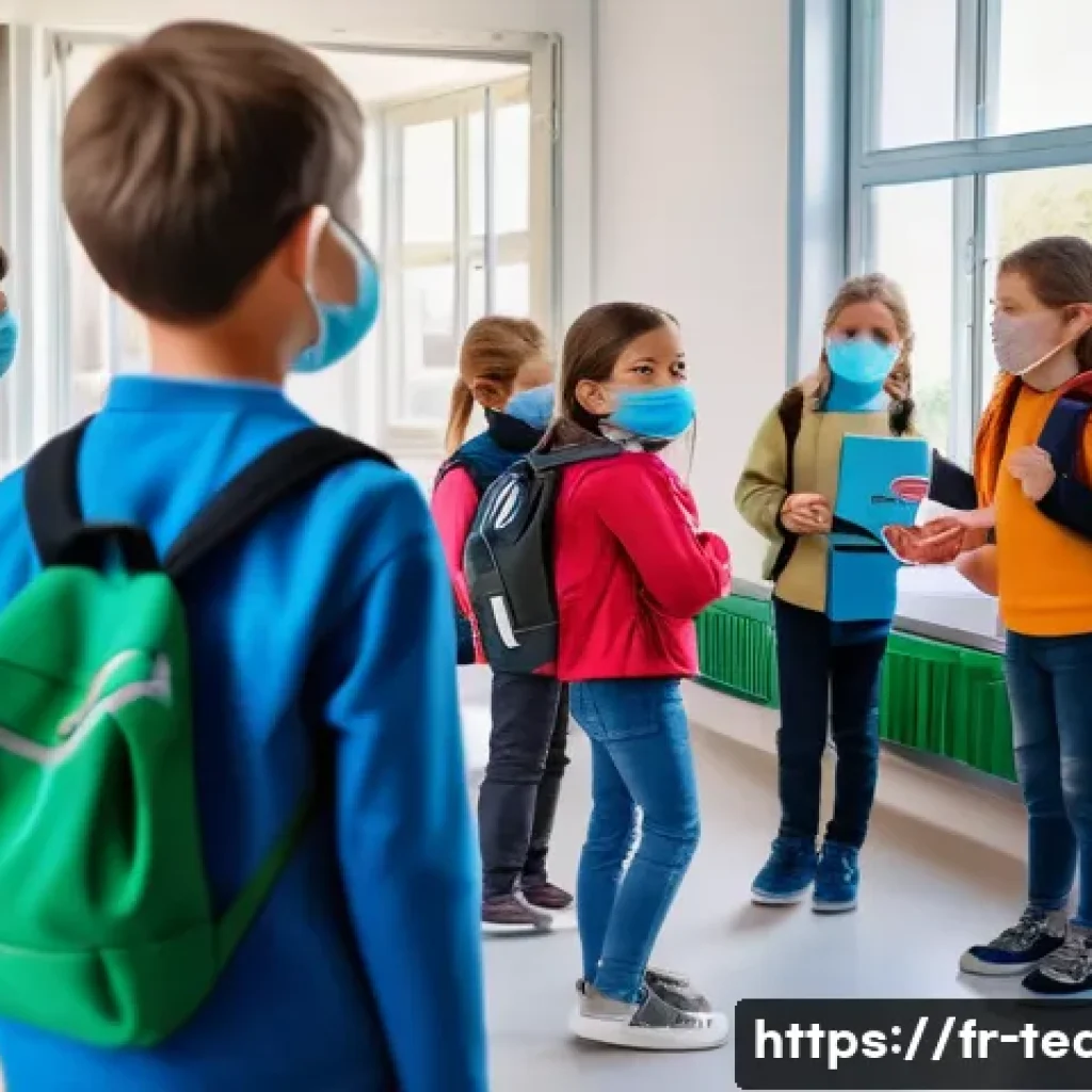 교사 재난 상황 수업 운영 사례 - A bright and calm classroom scene during an emergency evacuation drill in a French primary school: c...