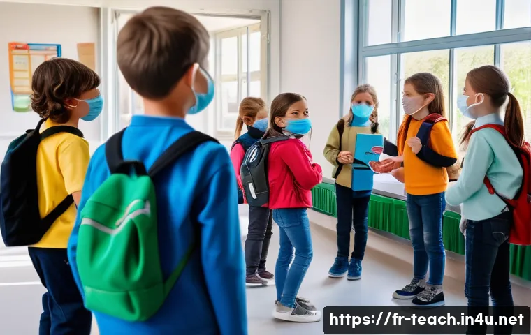 교사 재난 상황 수업 운영 사례 - A bright and calm classroom scene during an emergency evacuation drill in a French primary school: c...