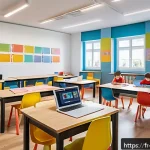 교사 코딩 수업 지도법 - A bright, modern classroom designed for coding education in France, featuring natural sunlight strea...