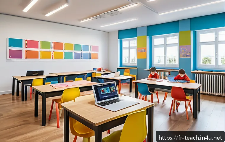 교사 코딩 수업 지도법 - A bright, modern classroom designed for coding education in France, featuring natural sunlight strea...