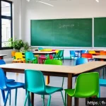 교사 오프라인 워크숍 운영법 - A bright, modern workshop room filled with natural sunlight streaming through large windows, arrange...