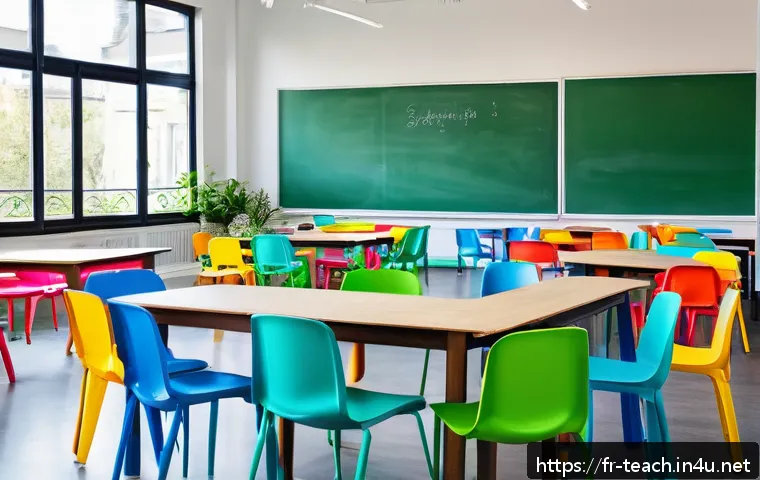 교사 오프라인 워크숍 운영법 - A bright, modern workshop room filled with natural sunlight streaming through large windows, arrange...
