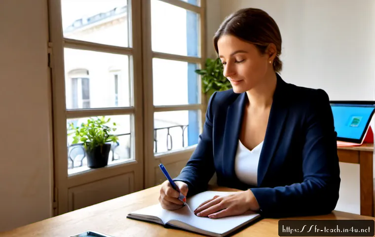 Home 30 교사 자기계발 아이디어 - Photorealistic French primary school teacher in a bright Parisian-style apartment workspace, thought...