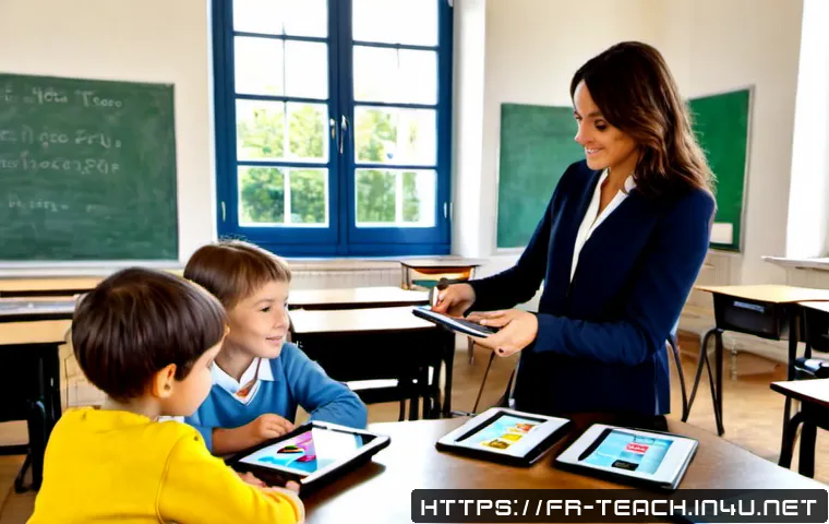 Home 17 교사 인공지능 활용 교육 사례 - Photorealistic French primary school classroom, a female teacher guiding diverse children as they us...