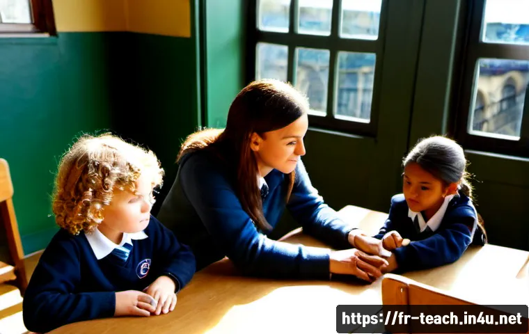 교사 교육 심리학 활용 사례 - Photorealistic French primary school classroom, a caring teacher using educational psychology by cal...