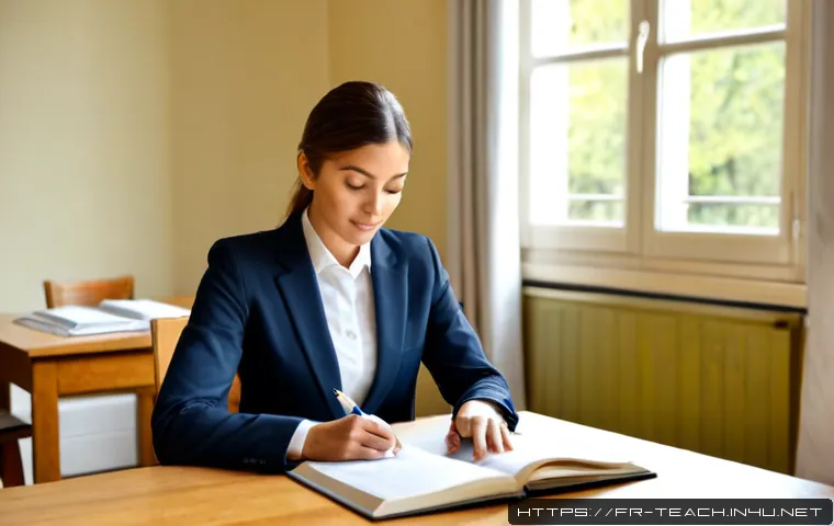 교사 자격증 면접 준비 요령 - Photorealistic French teacher certification interview preparation scene, confident young adult candi...
