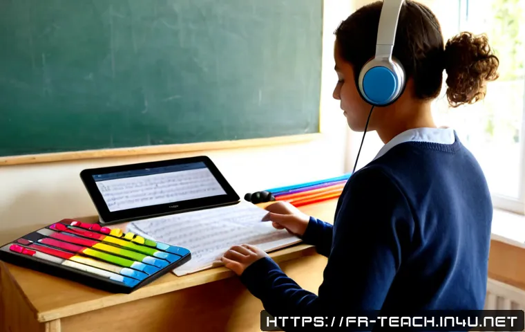 교사 음악 수업 준비 방법 - Photorealistic French primary school music teacher preparing an engaging lesson at a tidy wooden des...