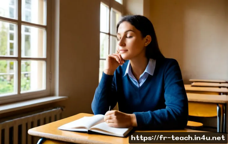 교사 감정노동 관리법 - Photorealistic French primary school teacher in a calm empty classroom after lessons, seated at a ti...